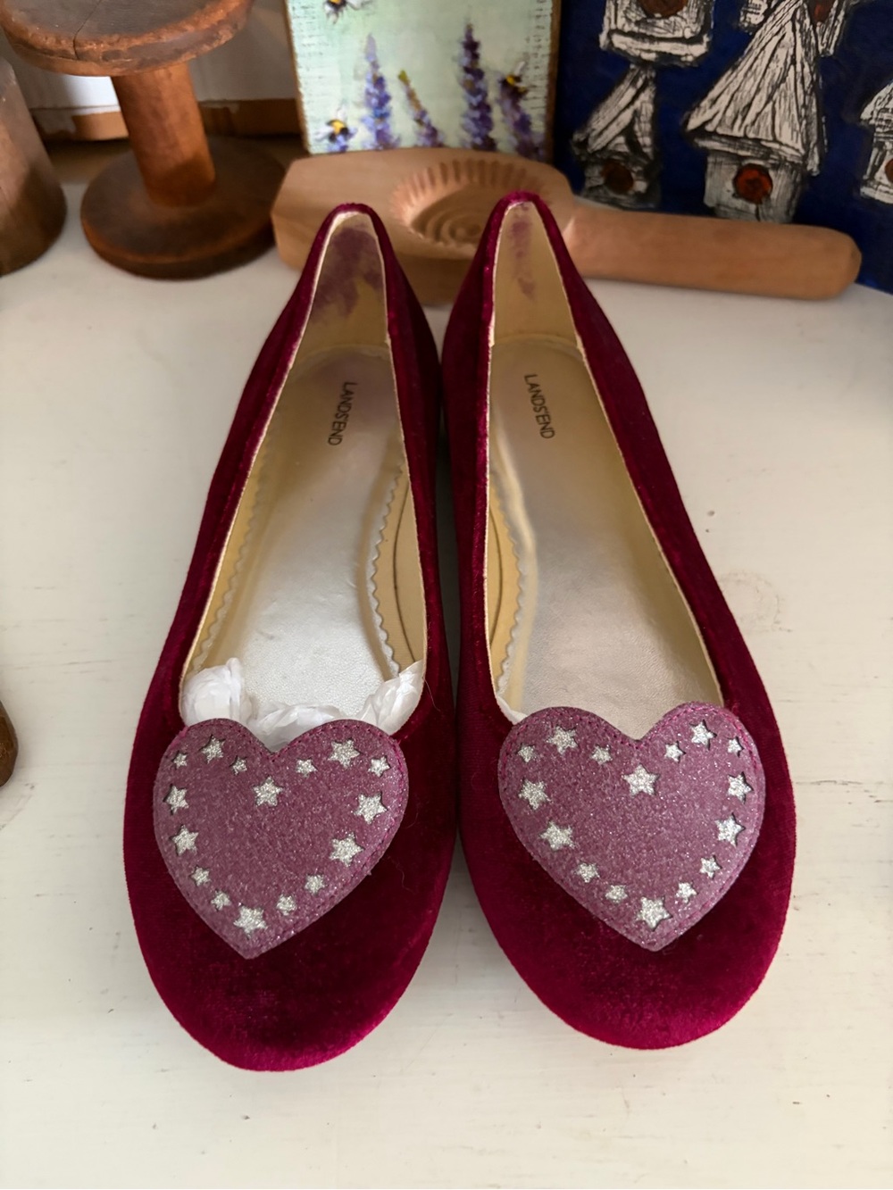 Lands' End Girls Burgundy Velvet Heart Ballet Flats with Glitter Hearts